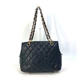 CHANEL CC Coco Mark Matelasse Quilted Double Chain Tote Bag Shoulder Caviar S...